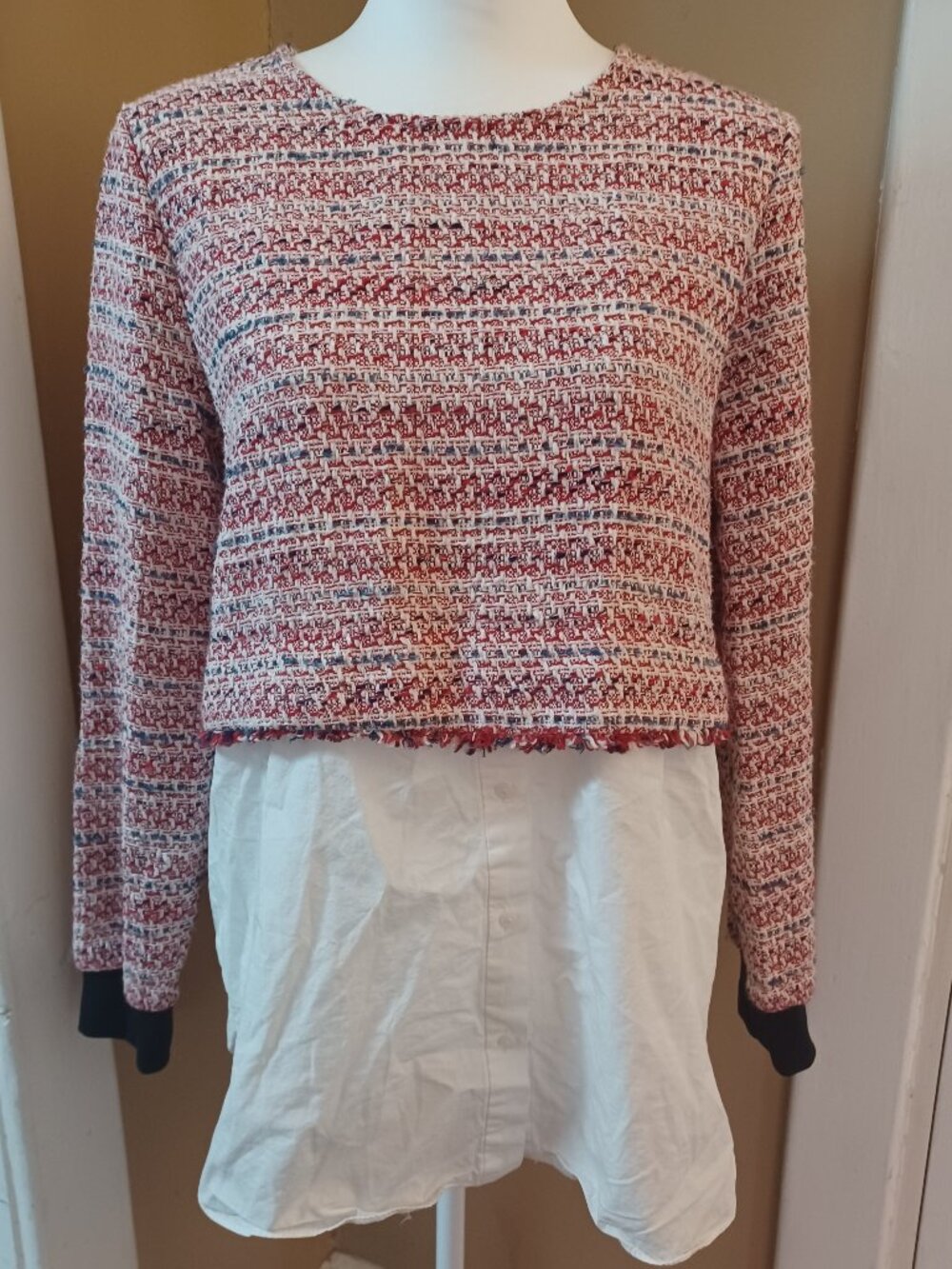 ZARA TRF Tweed Cropped Top with Attached White Shirt Underlayer - Picture 2 of 9